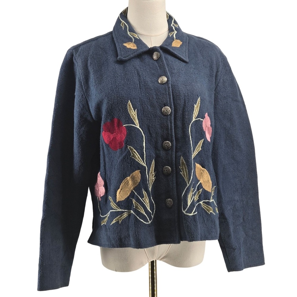 Denim & Co. Sweater Cardigan Womens M Blue Floral Embroidered Button Front